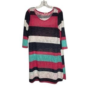 12PM By Mon Ami USA Dress Women's L Pink Multi Color Block Stripes 3/4 Sleeves